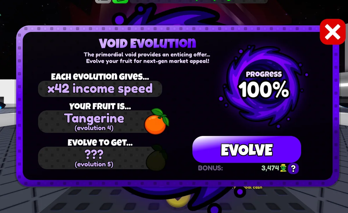 Sell Lemons Void Evolution menu at 100 percent progress