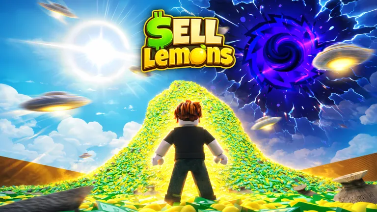 Official Sell Lemons Roblox artwork with a player facing lemons and a purple portal