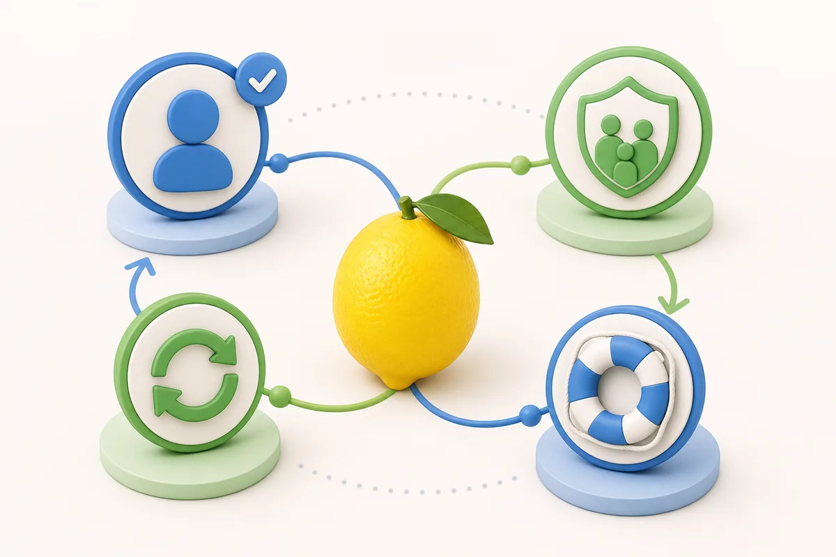 Editorial troubleshooting diagram with account, family settings, refresh, and support symbols