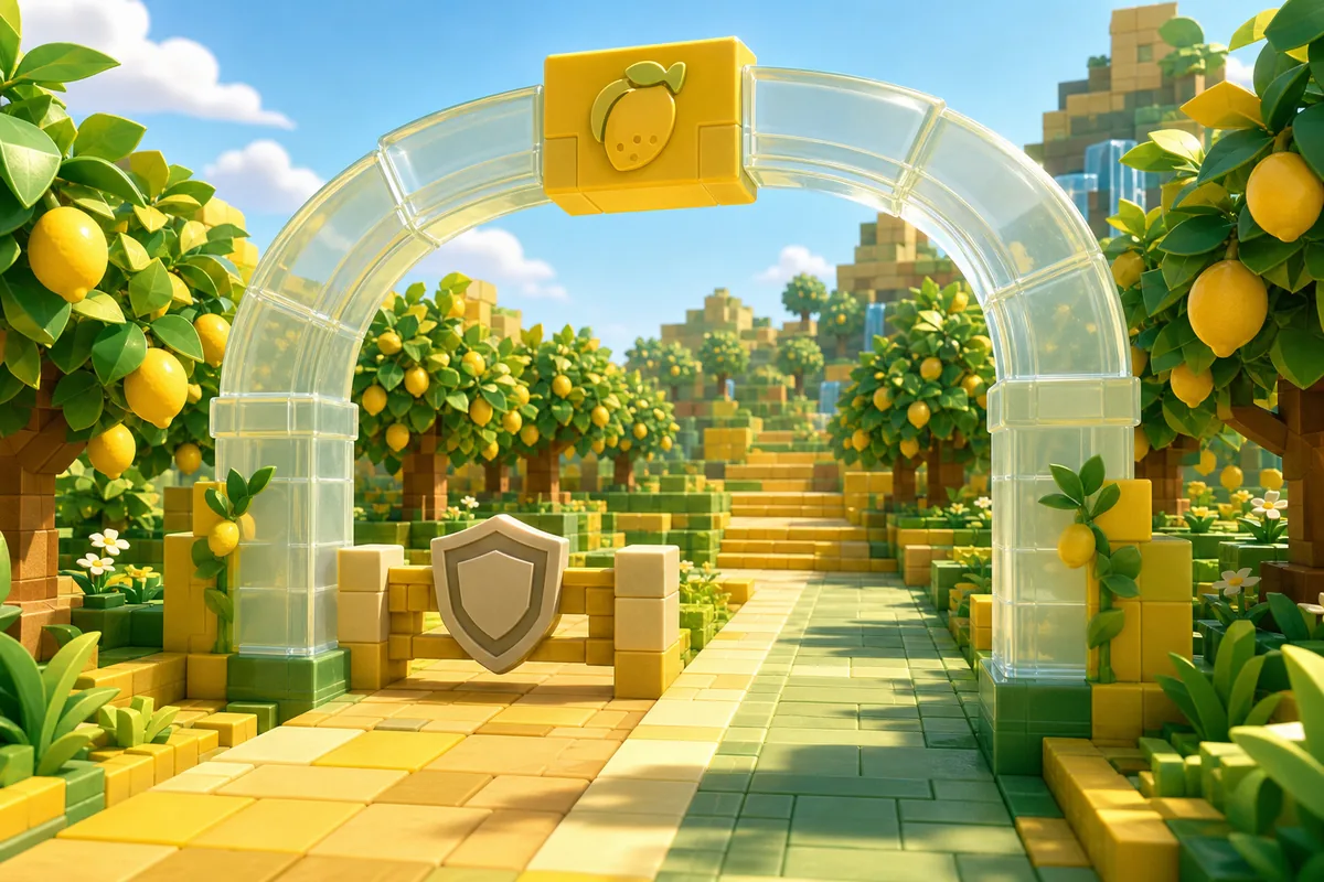 Editorial illustration of a guarded entrance to a lemon orchard representing an age gate