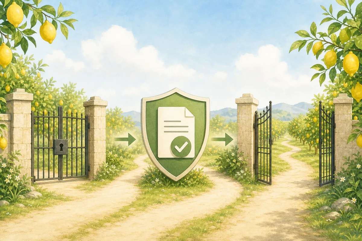 Editorial timeline showing a locked gate, verification step, and reopened orchard path