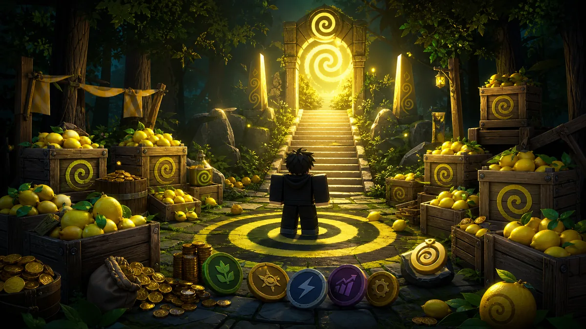 Editorial illustration of a Sell Lemons ascension gate with lemons, coins, upgrade tokens, and a reset symbol
