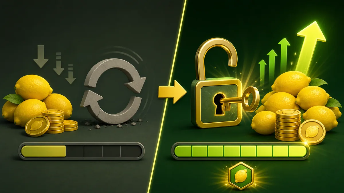 Risk and reward illustration for Sell Lemons ascension with reset loss and permanent bonus symbols