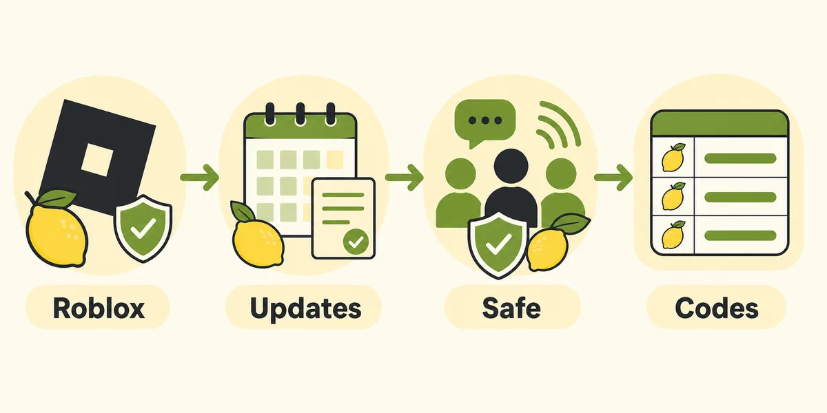 Four-step illustration for verifying Sell Lemons codes through official Roblox and update sources