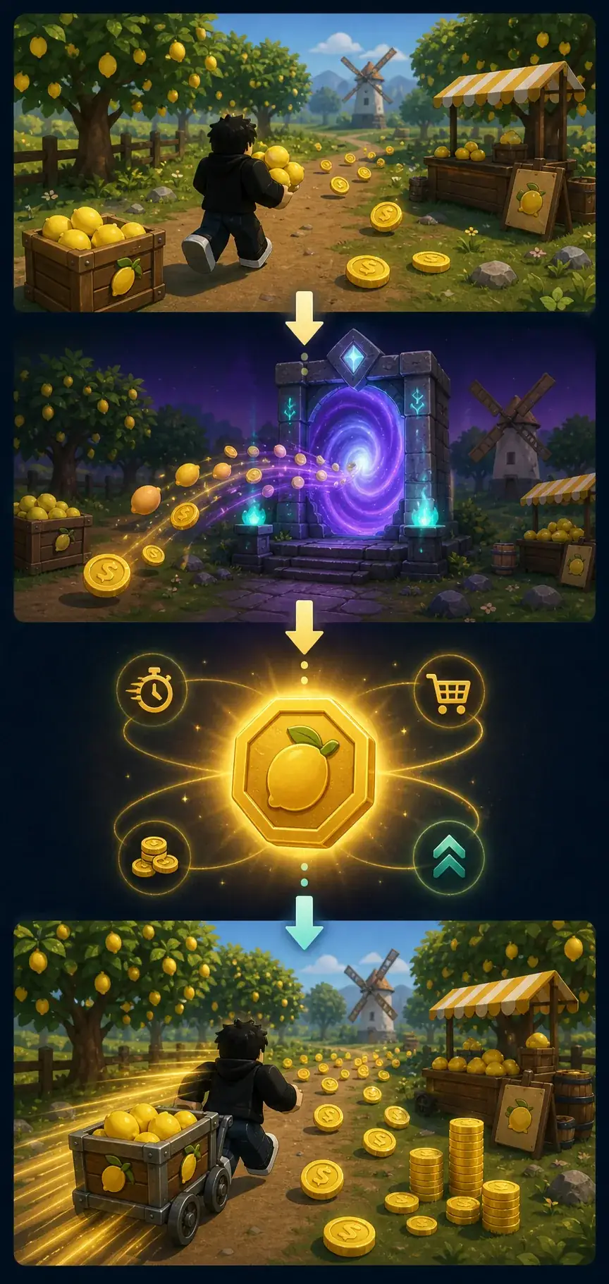 Tall editorial flow illustration showing an ascension checkpoint, a reset confirmation, and a Forever Purchase menu check