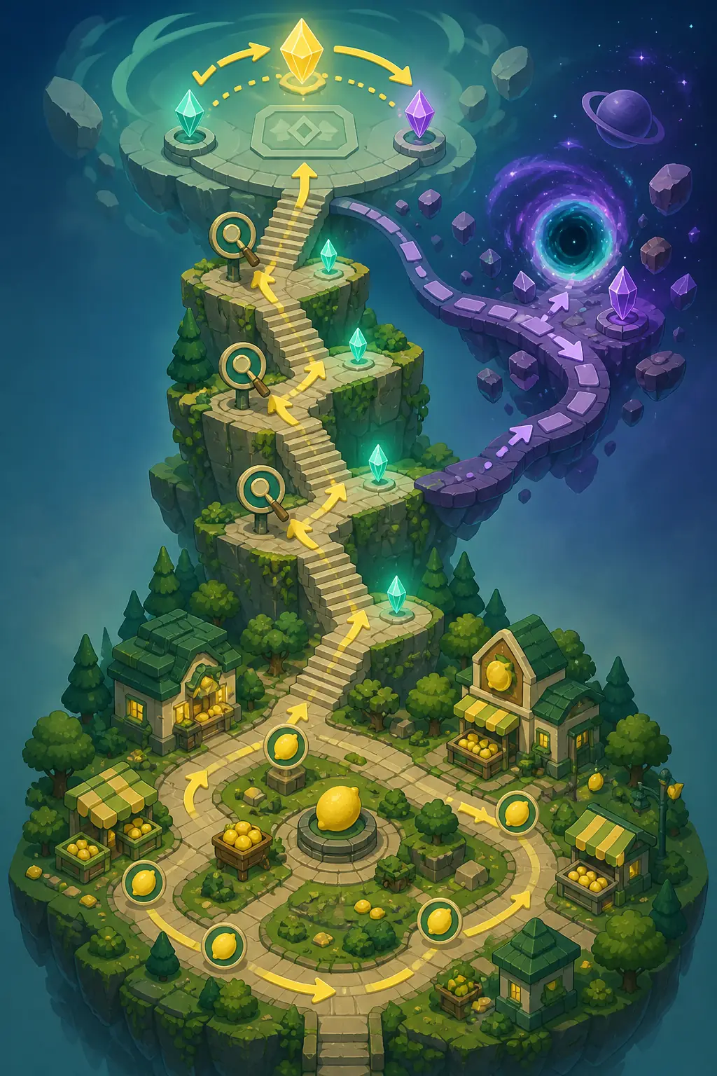 Non-official route diagram connecting the main loop, staircase, side paths, and a late-game checkpoint