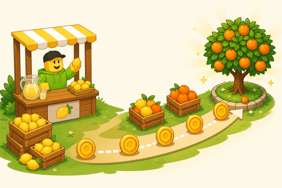 Fan guide illustration showing the Sell Lemons route from lemon selling toward orange unlocks