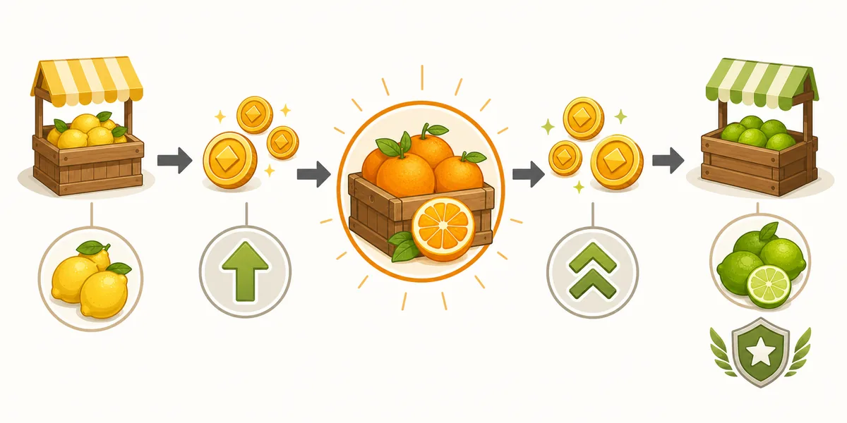 Illustrated Sell Lemons progression from lemons to oranges and later lime planning