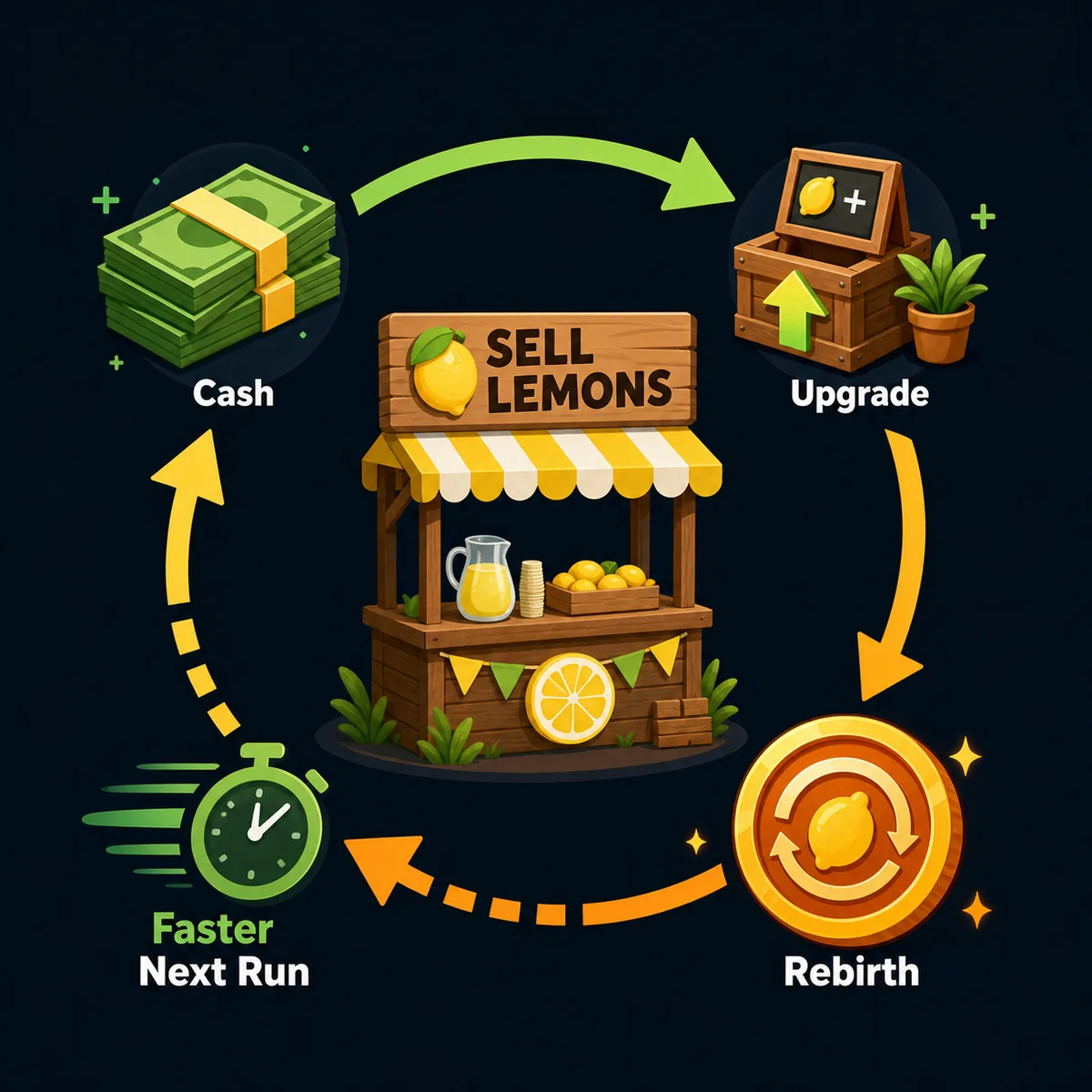 Editorial Sell Lemons rebirth loop showing cash, upgrades, rebirth, and a faster next run