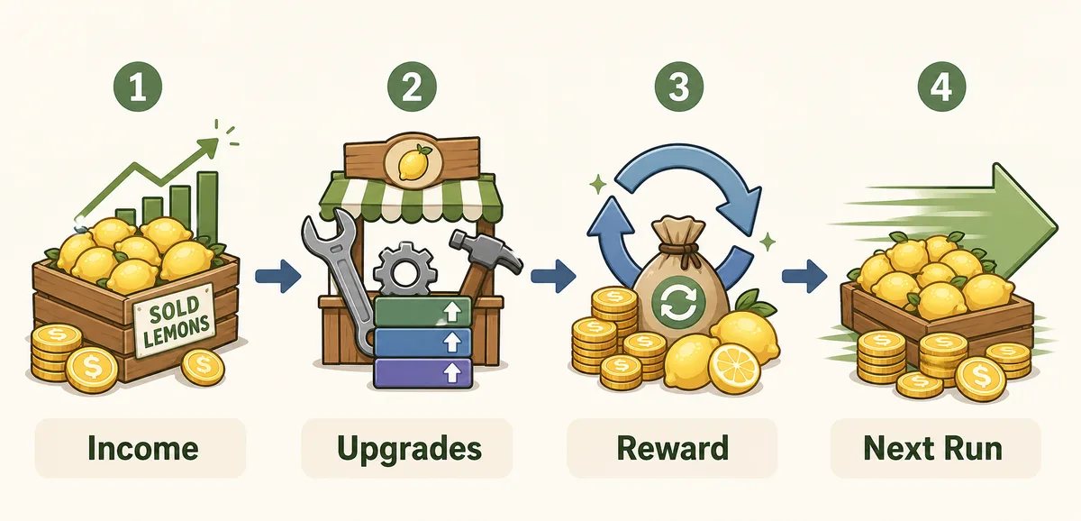 Sell Lemons rebirth timing flow from income and upgrades to reward and next run