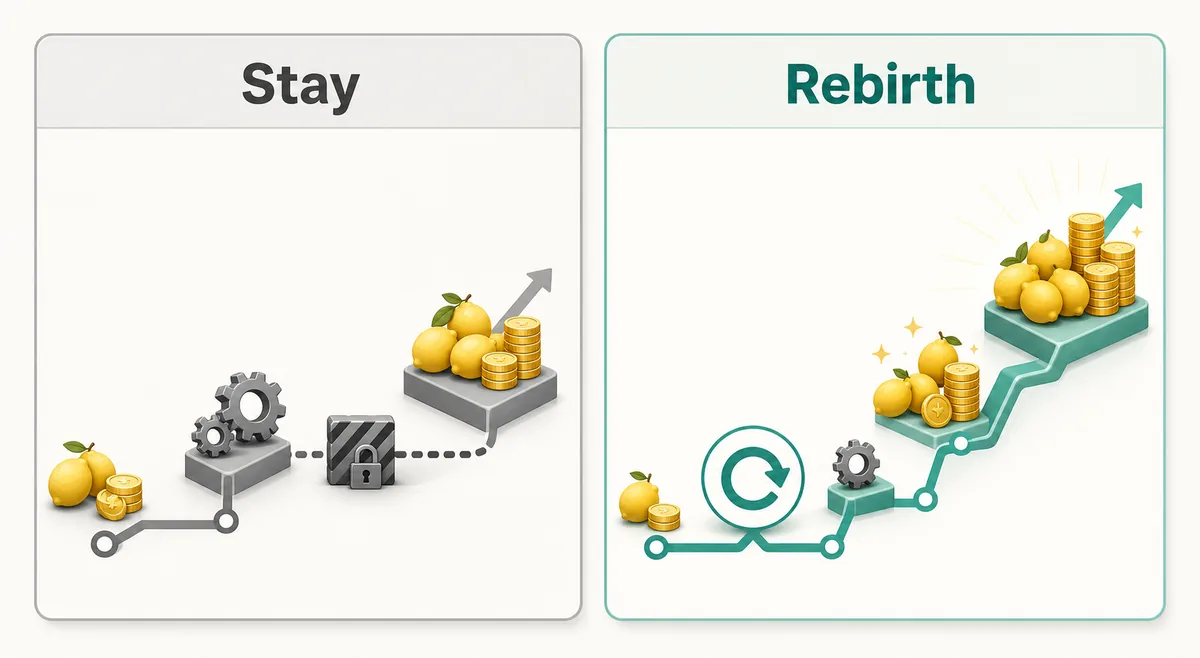 Comparison illustration of staying in the current Sell Lemons run versus using rebirth for stronger scaling