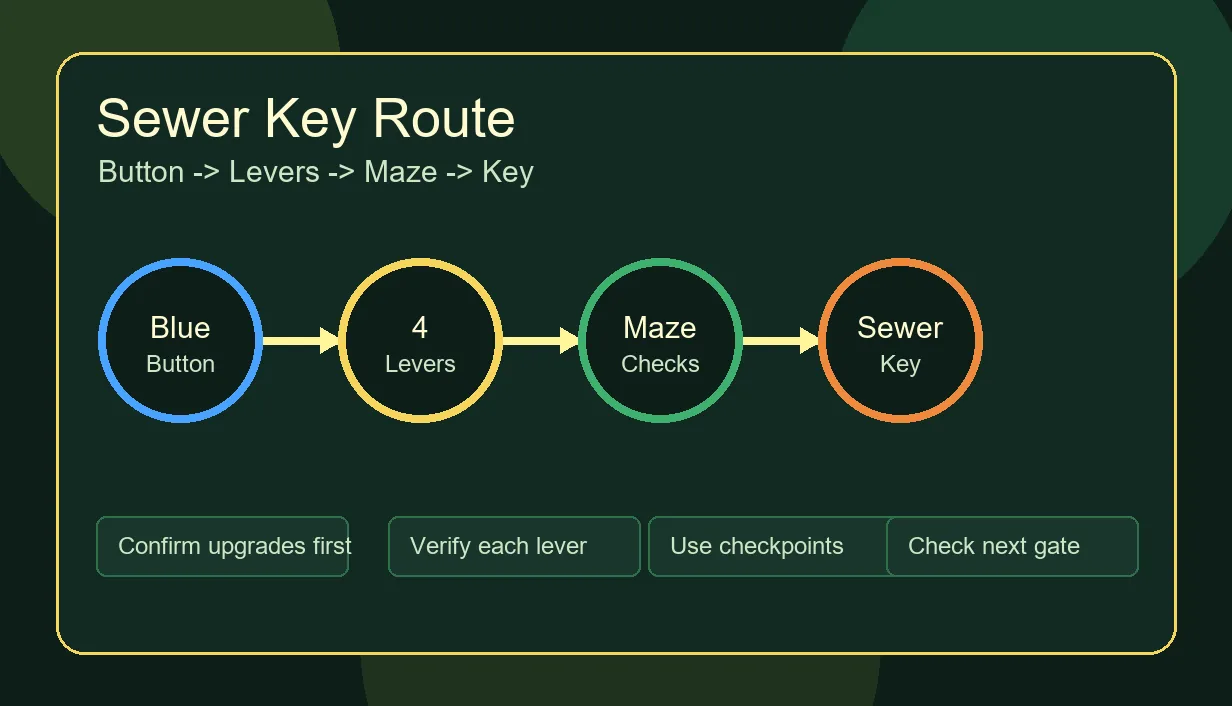 Diagrama da rota da chave do esgoto de Vender Limões com botão, alavancas, labirinto e recompensa