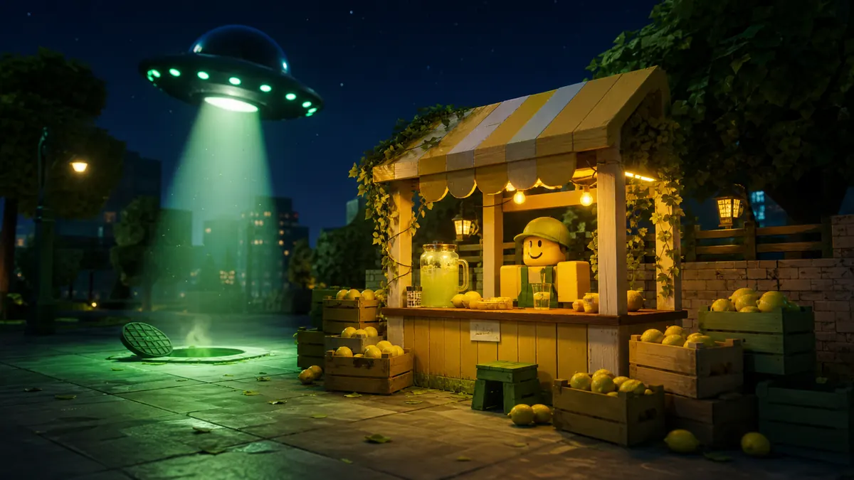 Editorial Sell Lemons UFO key guide visual with lemonade stand, sewer hatch, and UFO beam